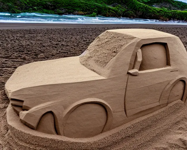 Image similar to sand sculpture of an old mustang car on a black sand beach