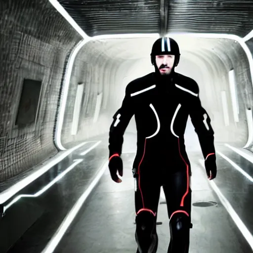 Image similar to keanu reeves in tron legacy city, dressed as a citizen of the city, award winning photography
