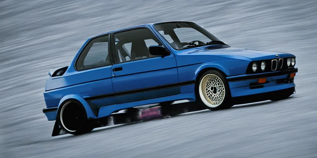 Image similar to bright dark blue BMW e30 drifting, hyper realism, depth of view 8k.