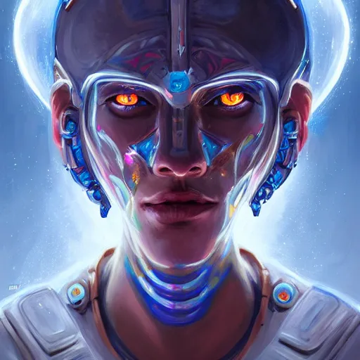 Prompt: portrait of a future metaverse cyborg tech shaman warrior by Mandy Jurgens, cartoon, oil painting , visionary art, symmetric, Magick symbols, holy halo, shipi bo patterns, sci-fi