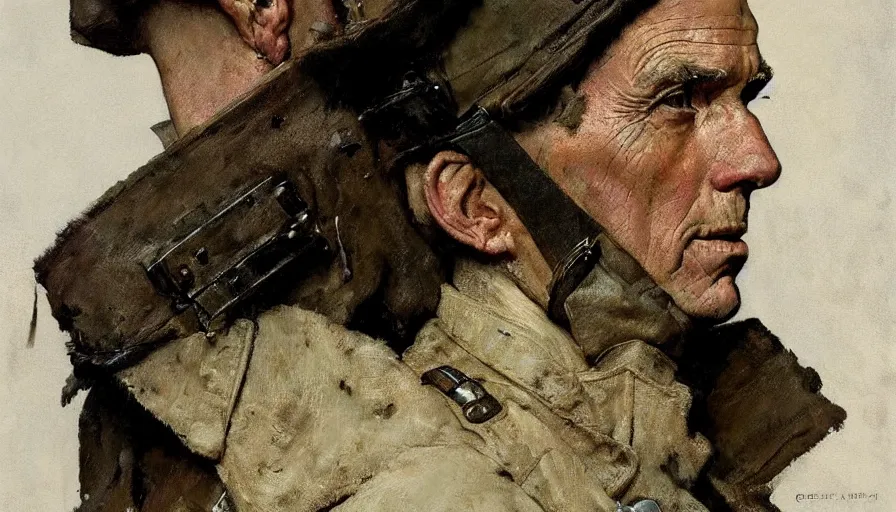 Image similar to norman rockwell, andrew wyeth, portrait of an soldier, close up of the face, paint texture, low contrast, highly detailed, sharp focus, digital painting, concept art, illustration, trending on artstation, portrait by greg rutkowski