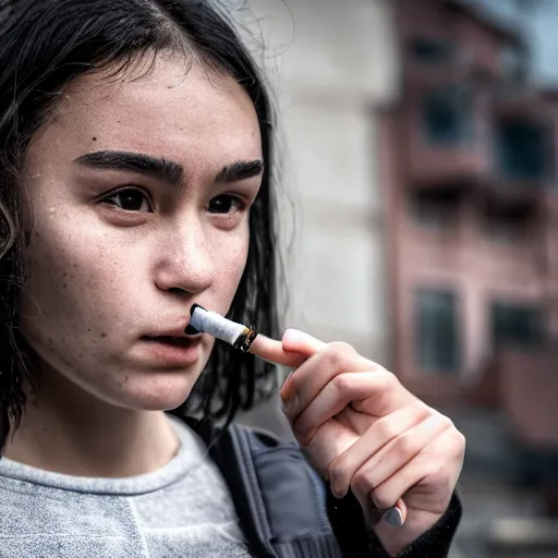 Image similar to candid photographic portrait of a poor techwear mixed young woman smoking inside a dystopian city, closeup, beautiful garden terraces in the background, sigma 85mm f/1.4, 4k, depth of field, high resolution, 4k, 8k, hd, full color