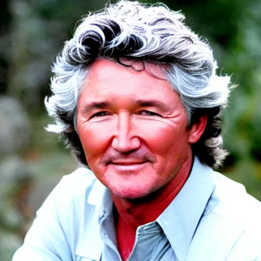 Image similar to patrick duffy as a hippy, he has grown long hippy grey hair, wearing a white shirt