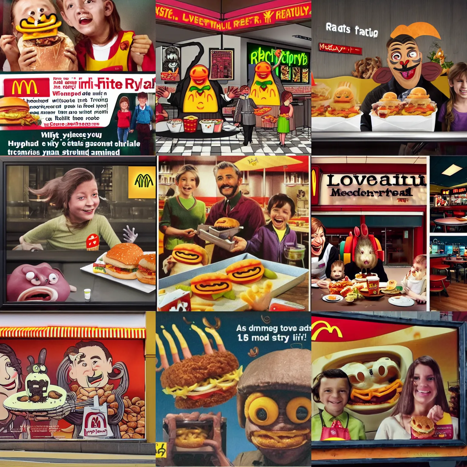 Prompt: dystopian! Lovecraftian ratty McDonalds! advertisement showing a smiling family being served a tray of rats! in the style of H.R. Giger