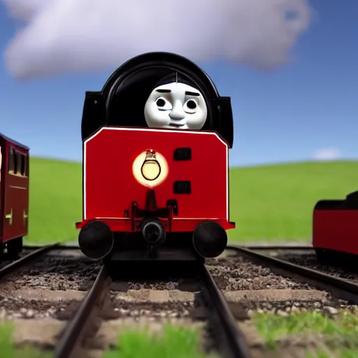 Image similar to photo realistic black and red thomas the tank engine with a white face going fast