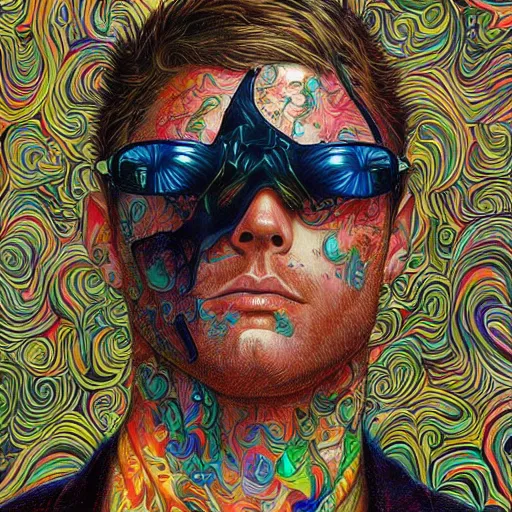 Image similar to portrait of jensen ackles, hyper detailed masterpiece, neon floral pattern, jean giraud, digital art painting, darkwave goth aesthetic, psychedelic, artgerm, donato giancola and tom bagshaw