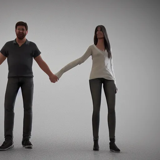 Image similar to highly detailed full body unreal engine 5 render of a woman and a man holding hands