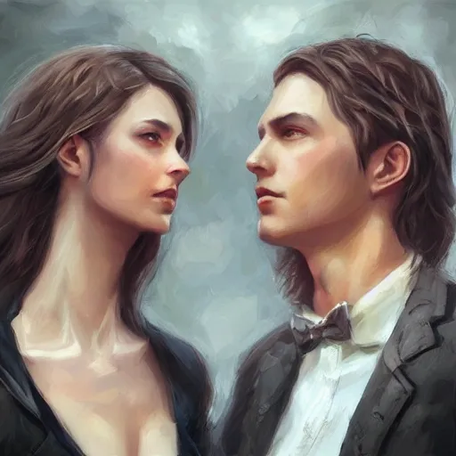 Image similar to perfectly centered symmetrical split male and female portrait of man and woman in love sharing one heart ; oil painting by charlie bowater and wlop, photorealistic, highly detailed ; trending on artstation