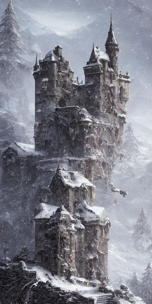 Image similar to a abandoned castle on the top of a snowy mountain, greg rutkowski, 8 k, shallow depth of field, intricate detail, concept art,