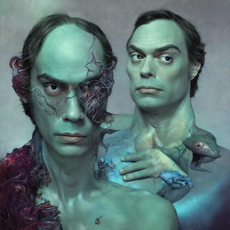 Prompt: Hyperrealistic intensely colored close up studio Photograph portrait of a deep sea bioluminescent Bill Hader, symmetrical face realistic proportions eye contact, sitting in His throne underwater, award-winning portrait oil painting by Norman Rockwell and Zdzisław Beksiński vivid colors high contrast hyperrealism 8k
