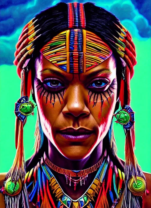 Image similar to portrait of zoe saldana, hyper detailed ultra sharp aztec shaman warrior. trending on artstation, warpaint aesthetic, bloodwave, colorful, psychedelic, ornate, intricate, digital painting, concept art, smooth, sharp focus, illustration, art by artgerm and greg rutkowski and h. r. giger, 8 k