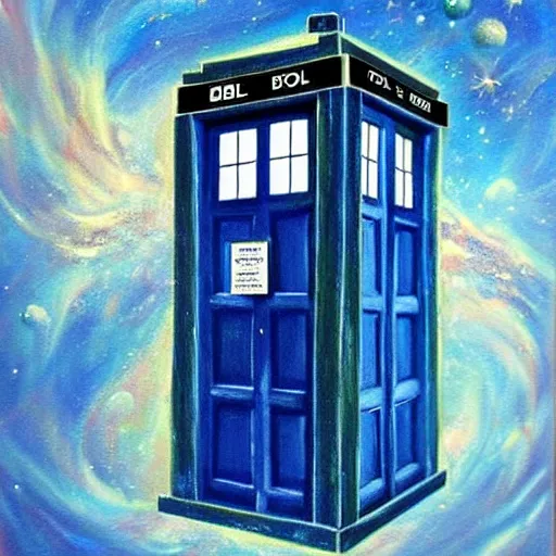 Image similar to oil painting of the tardis from dr who flying through space. beautiful. space.