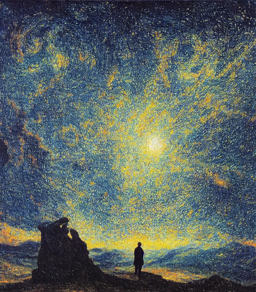 Image similar to an impasto oil painting of a futuristic wanderer gazing into a the universe painted by caspar david friedrich, light colors, starts, galaxy, pointilism