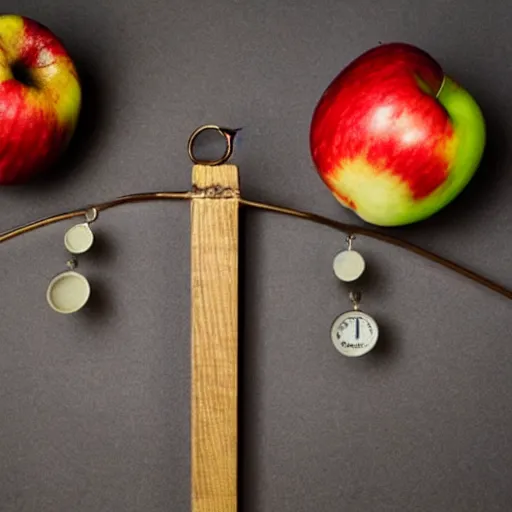 Image similar to set of balance scales with weights, one apple and one onion