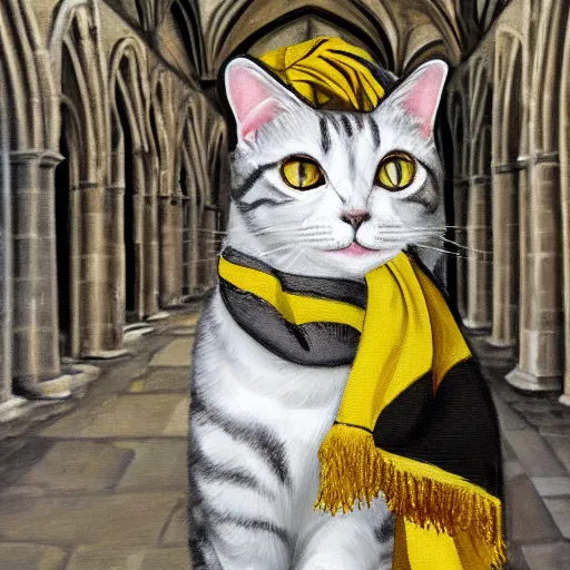 Image similar to oil painting extreme wide shot of a white and grey tabby cat wearing a black yellow striped hufflepuff scarf, in the gloucester cathedral cloisters, digital painting, high detail, award - winning, playful