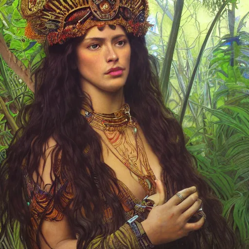 Prompt: portrait of a beautiful alluring female aztec queen in a dense jungle at sunset, detailed, centered, digital painting, artstation, concept art, donato giancola, Dante Gabriel Rossetti, alphonse mucha, Joseph Farquharson, Joseph Christian Leyendecker, WLOP, Boris Vallejo, Breathtaking, 8k resolution, extremely detailed, beautiful, establishing shot, artistic, hyperrealistic, beautiful face, octane render