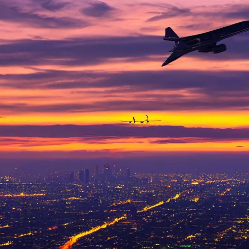 Prompt: photograph of various aircraft over Los Angeles at sunset