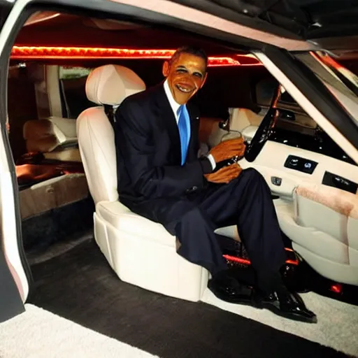 Image similar to barack obama on pimp my ride sitting in his newly upgraded presidential limo complete with a playstation 2, and a minibar. there are also neon lights in the interior.