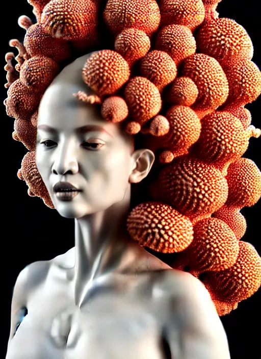 Image similar to intricate hyper detailed ultra sharp focus front shot 3 d render of a beautiful porcelain ivory afro woman, close - up, f 2. 8 1 5 0 mm, sharp focus, alexandre ferra, elegant bionic cyberpunk red mechanical haute couture fractal mushroom corals, white mycelum and fungi head ornaments, octane render, volumetric cinematic lighting, 8 k,