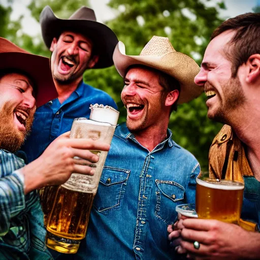 Prompt: an cowboy laughing and enjoy his drink of beer with friends, photography, realistic, detailed, - n 9