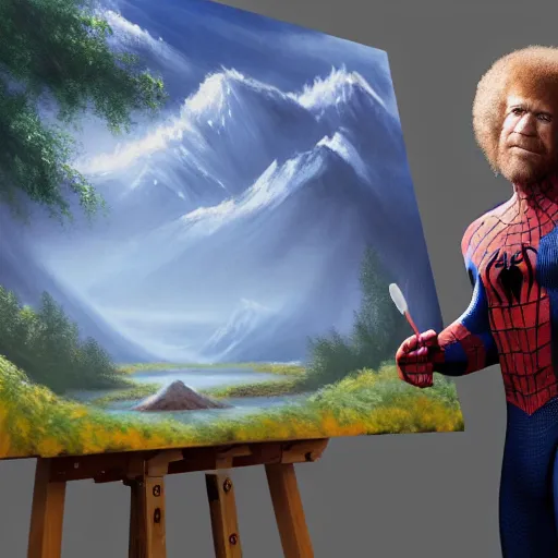 Image similar to a closeup photorealistic photograph of bob ross working on a canvas painting of spiderman. film still. brightly lit scene. mountains and trees. this 4 k hd image is trending on artstation, featured on behance, well - rendered, extra crisp, features intricate detail, epic composition and the style of unreal engine.