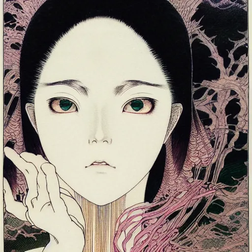 Image similar to prompt: Fragile looking soft light portrait face drawn by Takato Yamamoto and Katsuhiro Otomo, inspired by Ghost in Shell anime, magical and alchemical objects on the side, soft light, intricate detail, intricate ink painting detail, sharp high detail, manga and anime 2000