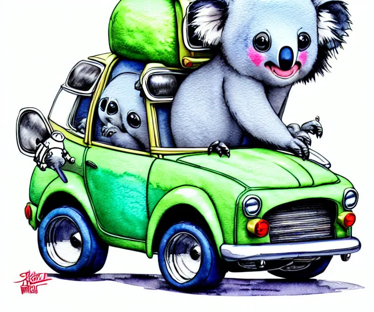 Prompt: cute and funny, koala wearing a helmet riding in a hot rod with an oversize engine, ratfink style by ed roth, centered award winning watercolor pen illustration, isometric illustration by chihiro iwasaki, edited by range murata, tiny details by artgerm and watercolor girl, symmetrically isometrically centered, sharply focused