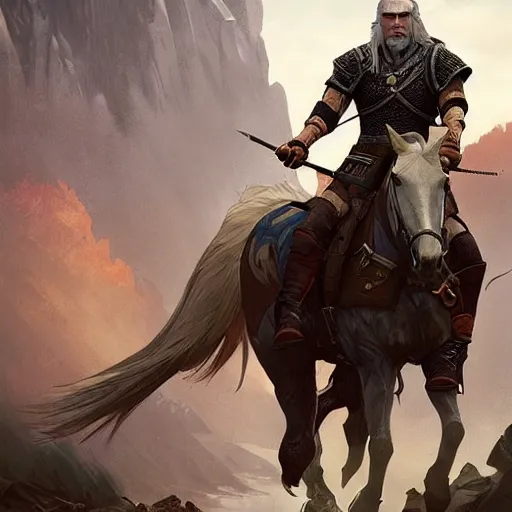 Image similar to geralt the witcher 3 riding a horse with obama president d & d fantasy intricate elegant highly detailed digital painting artstation concept art matte sharp focus illustration hearthstone art by artgerm art by greg rutkowski art by alphonse mucha