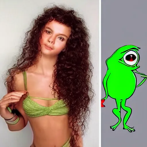 Image similar to pepe the frog with curly hair as a hot girl