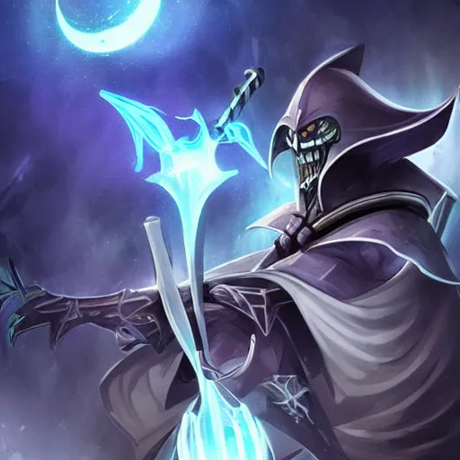 Image similar to Karthus from League of Legends holding a magical staff, laughing, anime art style