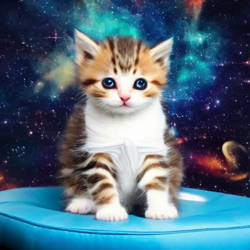 Prompt: a kitten with a cape floating through galaxies of space on a recliner chair