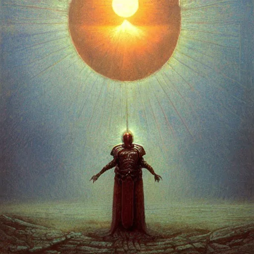 Prompt: god of the sun, wearing solar armor, infinity blade armor, beksinski