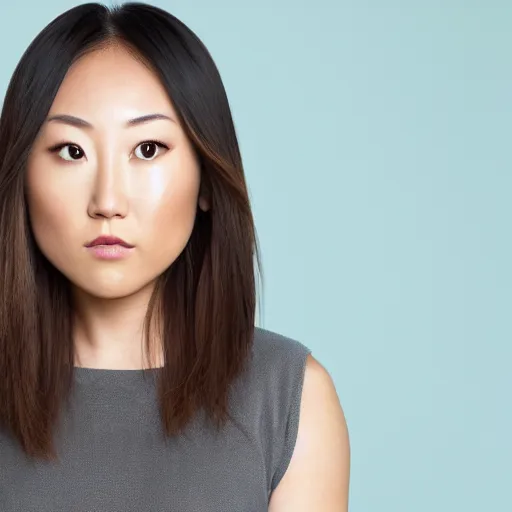 Image similar to portrait karen fukuhara bald neutral expression face straight on headshot even lighting