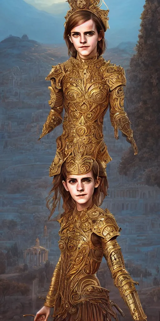 Prompt: portrait of emma watson as knights of zodiac girl, golden and copper shining armor, in ruined agora of athens sunrise, ssci - fi and fantasy, intricate and very very beautiful and elegant, highly detailed, digital painting, artstation, concept art, smooth and sharp focus, illustration, art by ilya kuvshinov and tian zi and wlop and z - - ed