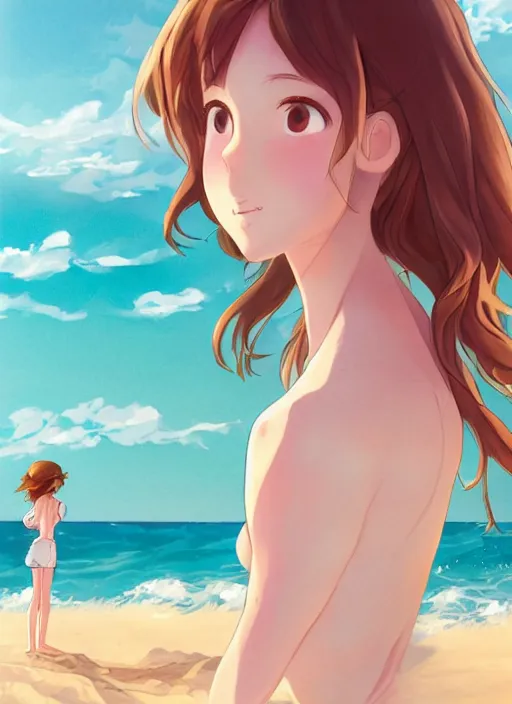 Prompt: girl at a beach, happy, beautiful, finely detailed, made by ross tran, studio ghibli, full body portrait, illustration, shinny water, shinny sand, sunny, anime, front view, perfect anime face, realistic face, zoomed out, smooth, blue eyes, high waisted shorts, sharp focus