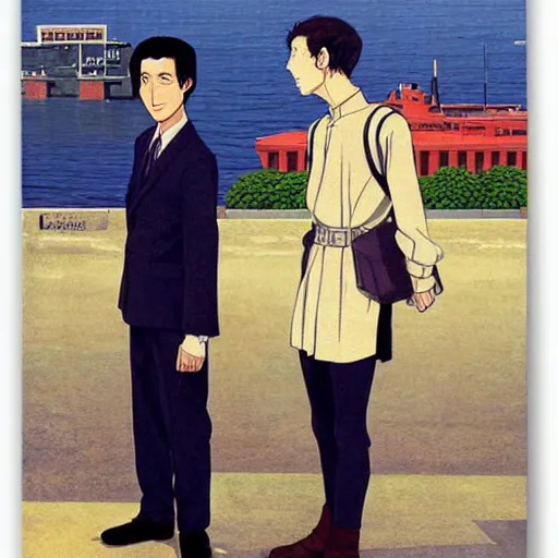 Image similar to anime joseph goebbels and mark zuckerberg by hasui kawase by richard schmid