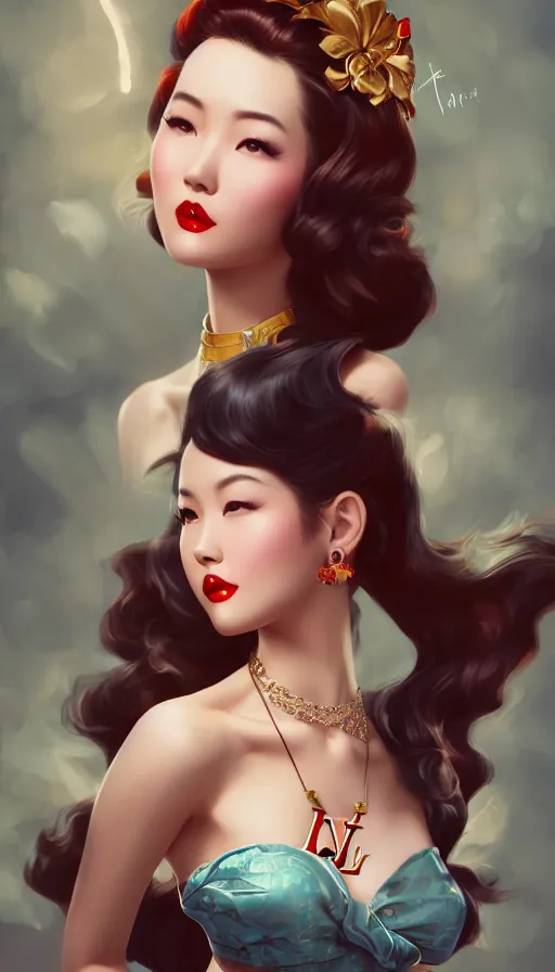 Image similar to a pin up and beautiful fashion and charming and dreamlke asian girl with lv jewelry, medium shot, art by artgerm & ross tran & wlop, hyperdetailed, 8 k realistic, symmetrical, frostbite 3 engine, cryengine, dof, trending on artstation, digital art