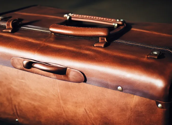 Prompt: leather and cloth suitcase ( designed by porsche ), xf iq 4, 1 5 0 mp, 5 0 mm, f / 1. 4, iso 2 0 0, 1 / 1 6 0 s, natural light, octane render, adobe lightroom, rule of thirds, symmetrical balance, depth layering, polarizing filter, sense of depth, ai enhanced