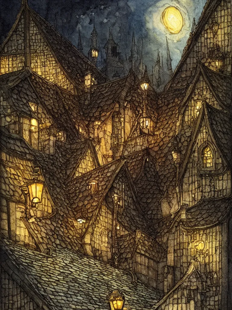 Image similar to medieval tavern exterior night, shingled roof, dark alleyway, fantasy, intricate, elegant, highly detailed, digital painting, artstation, concept art, matte, sharp focus, illustration, art by kay nielsen and walter crane, illustration style, watercolor