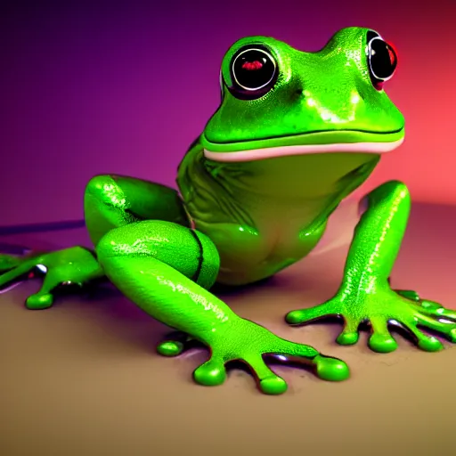 Prompt: a sexy frog animal in lingerie on a bed , artstation award winner, digital art, volumetric lighting, neon colors, smoke, bokeh lights ,short telephoto, octane render, highly detailed