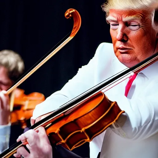 Prompt: donald trump playing the violin in a classical orchestra