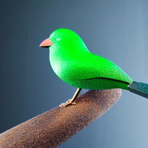 Prompt: a real life bird made out of crystal andextremely reflective metal, background is a green forest, studio lighting, award winning photo