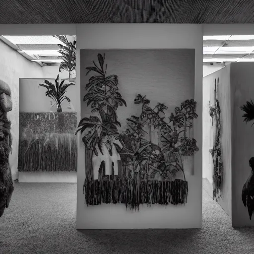 Prompt: a portrait photography of an exhibition room with an arrangement of elements / anthropological conceptual object / tropicalism / ( ( ( ( ( ( ( ( ( ( ( ( ( ( ( ( brutalism ) ) ) ) ) ) ) ) ) ) ) ) ) ) ) ) / animism, grain / shades / highly detailed / fujifilm x - t 3 0