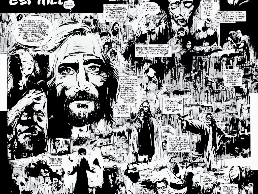 Prompt: jesus walking on water, sin city, graphic novel,