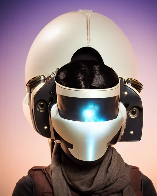 Prompt: centered medium shot fine studio photograph of a beautiful persian girl wearing only a mecha electronic zoroastrian helmet with led lights, ultra-realistic, white background, 8k HDR sunset lit, intricate detail