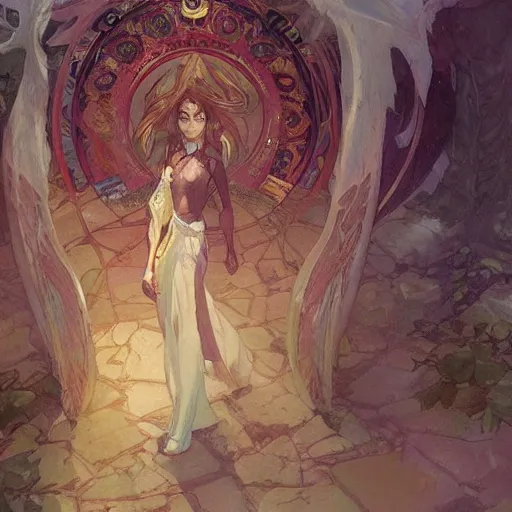 Prompt: a beautiful spirit in a fantasy temple by krenz cushart and mucha and slop and greg rutkowski