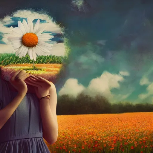 Image similar to daisy flower for a head, portrait of girl in flower field, holding daisy, surreal photography, sunrise, impressionist painting, colorful clouds, digital painting, artstation, simon stalenhag, flower face