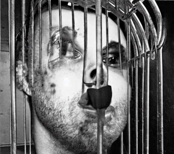 Prompt: Hans Bellmer photo of 'gigachad laughing behind bars', dark, high contrast, high exposure photo