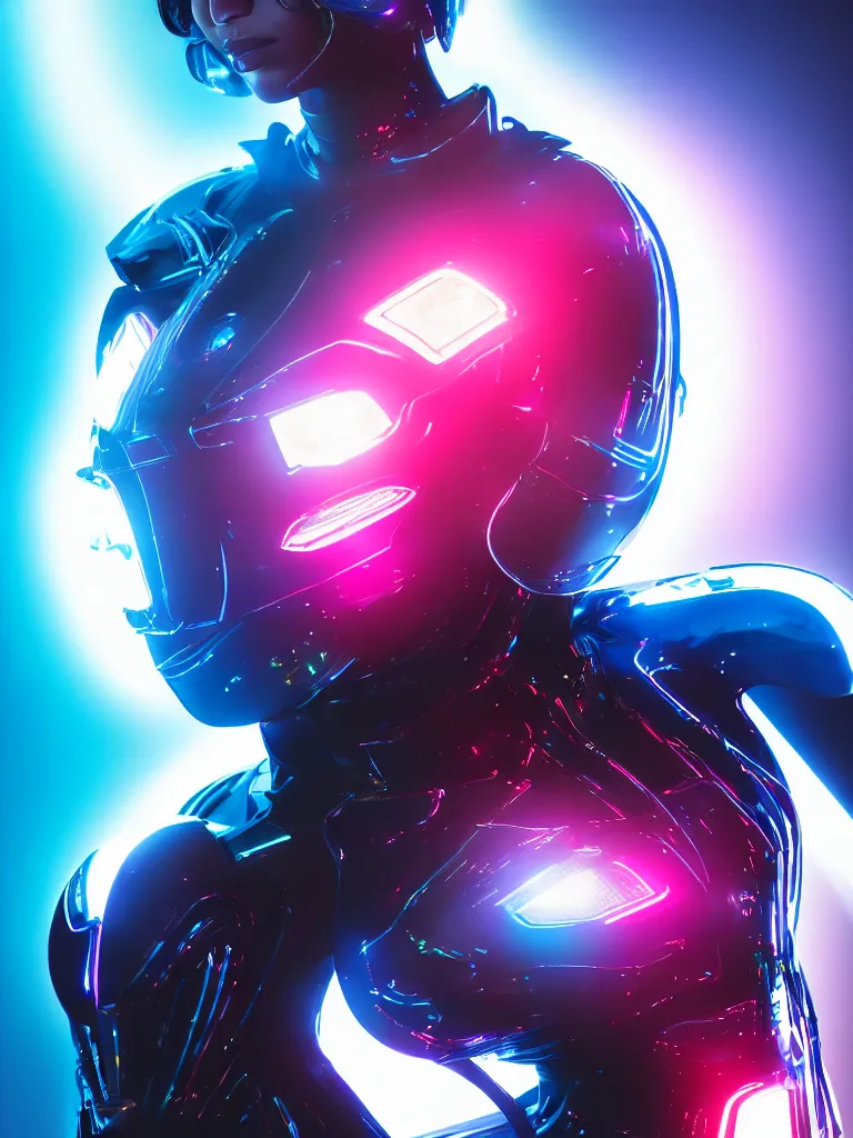 Image similar to cinematic, portrait photography, a beautiful beyonce cyborg, perfect bionic body, blue chrome armor, neon holographic ui data displays, blue led details, hajime sorayama, masamune shirow, tron, symmetrical pose, octane rendered, 4 k, lens flare,