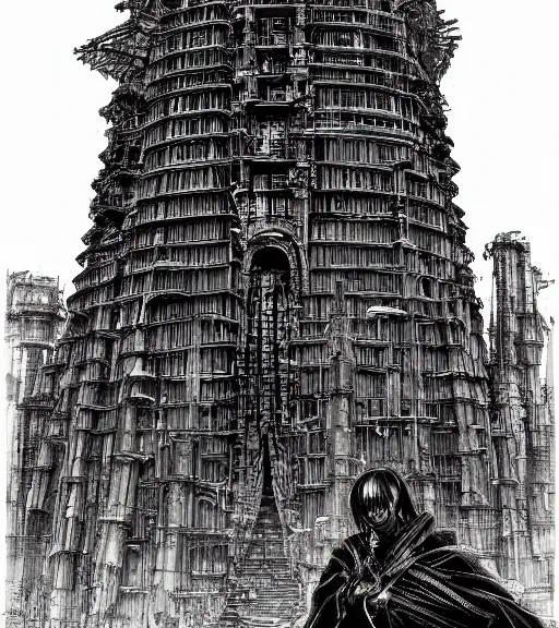 Image similar to tarkovsky, majestic ancient tower of babylon of terror, a woman in cyber clothing, hyperrealistic, blame manga, full color, manga style, by tsutomu nihei, cyber architecture, intricate, illustration, concept art, hyper - detailed, smooth, masterpiece, epic, cinematic, high quality